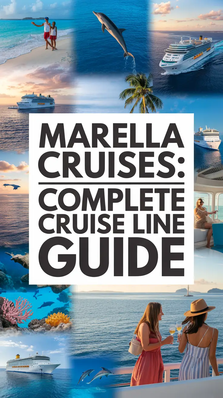 A vibrant travel advertisement poster for "Marella Cruises: Complete Cruise Line Guide," featuring a dynamic collage of ocean views, white sand beaches, cruise ship interiors, coral reefs, dolphins, and sunlit deck scenes evoking excitement and relaxation. Alt Tag: Cruise travel poster for Marella Cruises, showing tropical beaches, clear ocean, dolphins, coral reefs, and passengers relaxing on a luxury ship.