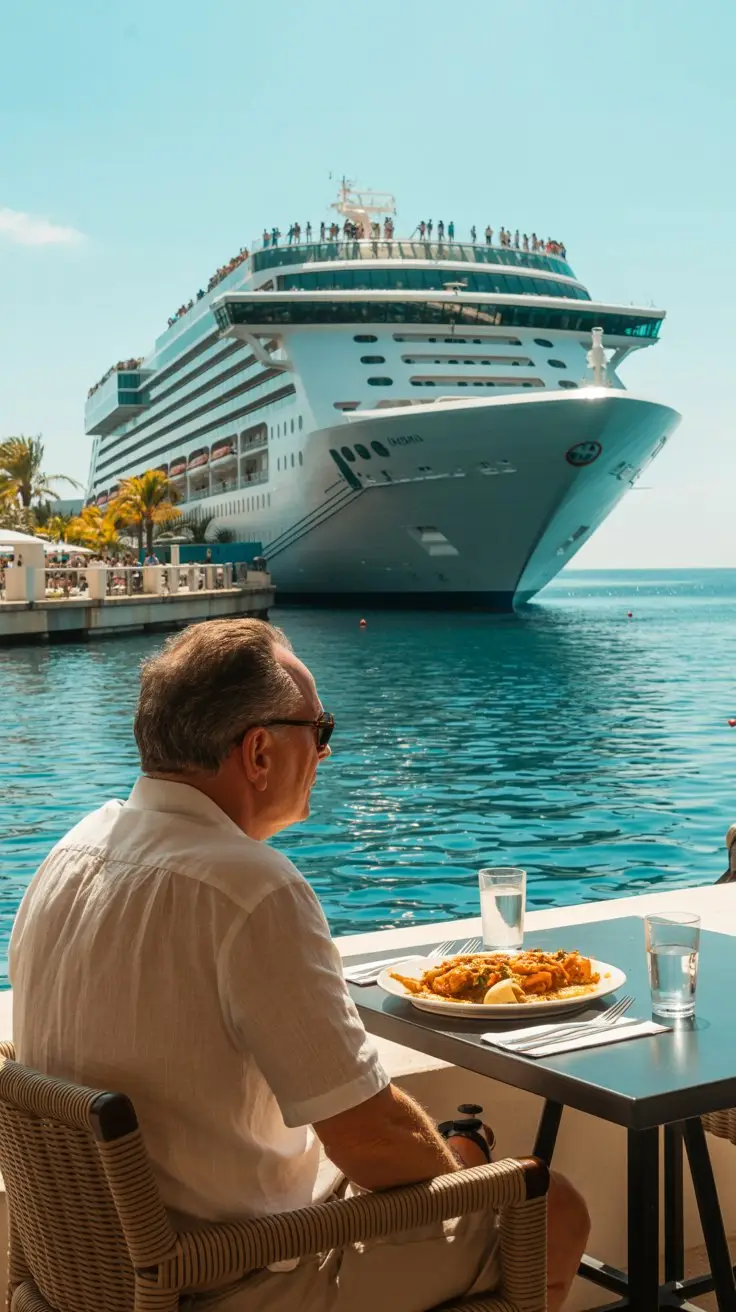 A photograph of a lone tourist seated at a table at a waterfront restaurant in Casa de Campo Marina. The tourist is a middle-aged man with sunglasses and a linen shirt, gazing out towards the turquoise water, a half-eaten plate of seafood paella sits before him. In the background, a large, white cruise ship dominates the horizon, its decks filled with tiny figures, basking in the bright sunshine. The scene is bathed in the warm light of a clear, sunny day, with reflections shimmering on the water and a gentle breeze rustling the palm trees lining the marina.
