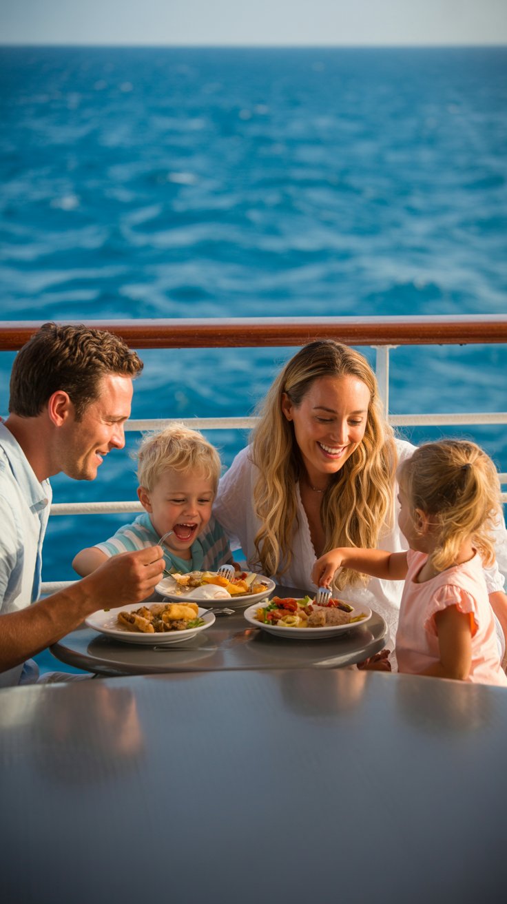 A photograph of a small family of four enjoying a meal together at a table on the deck of a cruise ship. The parents, a man with short brown hair and a woman with long wavy blonde hair, are smiling warmly at their two children, a young boy and girl who are playfully interacting with their food. Sunlight streams in from the left, illuminating the family and reflecting off the dark wood of the ship's railing and creating a blurred background of the turquoise ocean. The scene conveys a feeling of relaxed joy and togetherness against the backdrop of a beautiful sea.