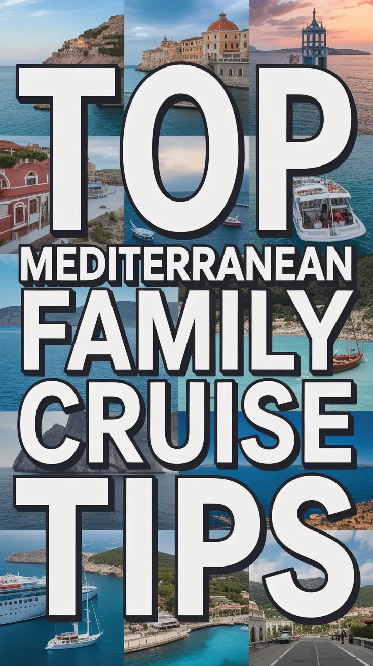 Big text overlay: Top Mediterranean Family Cruise Tips. It's designed to immediately grab attention with its thick, distinctive lettering set prominently in a big box, utilizing a simple yet striking bold white color for maximum visibility. Surrounding this eye-catching typography, a collage of vibrant images. No other text. Alt Tag: Bold white text reading "Top Mediterranean Family Cruise Tips" displayed in a large box overlaying a vibrant collage of Mediterranean cruise-themed images, designed for attention-grabbing visual appeal.