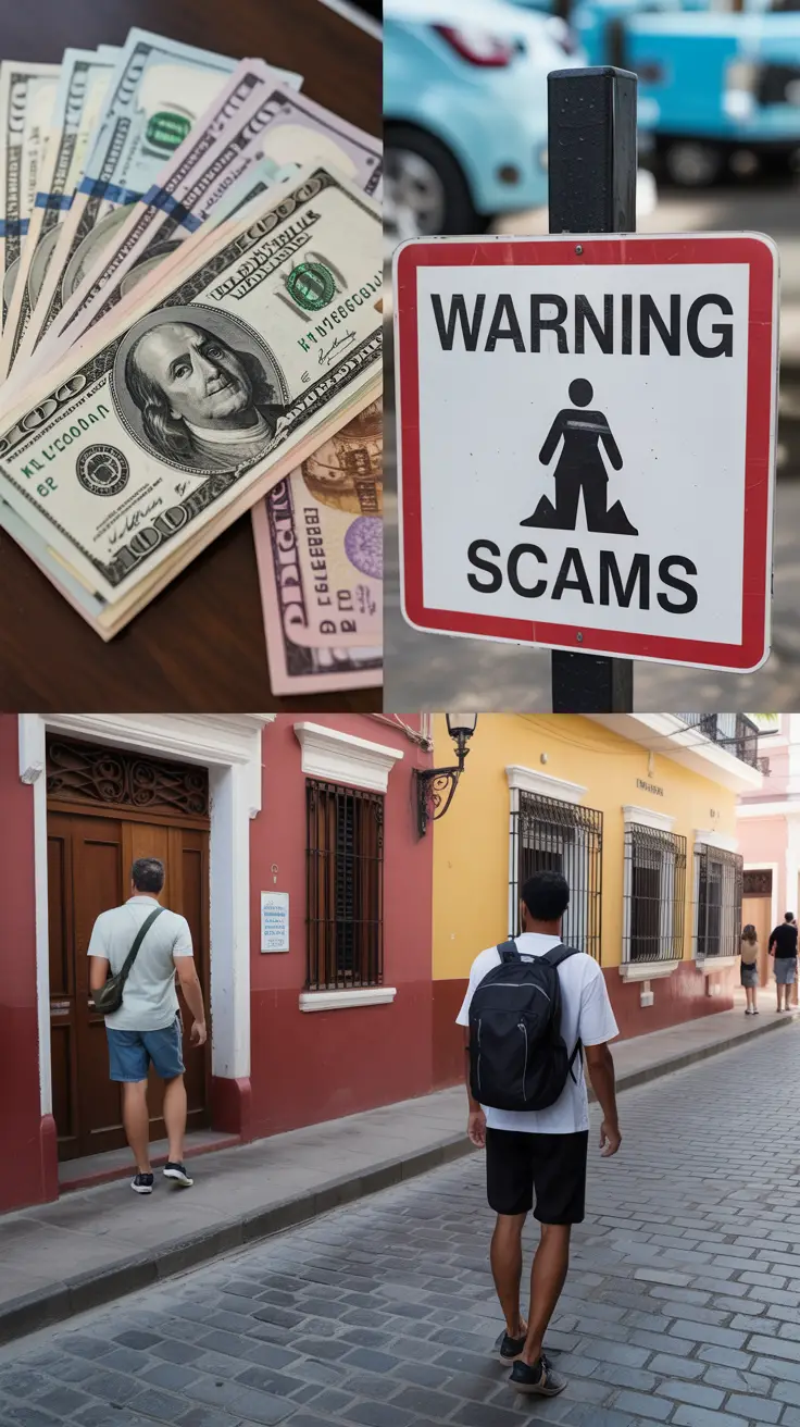 Photo showing money tips in the Dominican Republic with dollars and pesos, a warning sign about scams, and a tourist avoiding a fake guide.