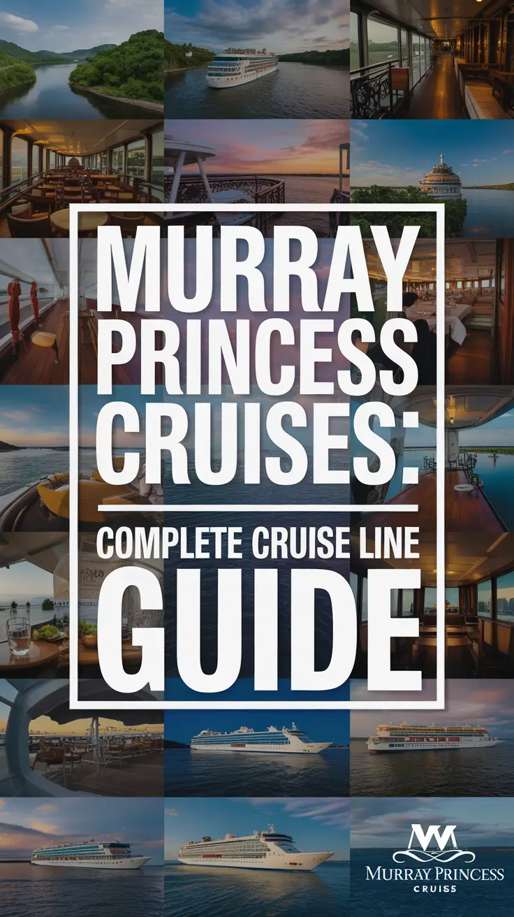 A vibrant promotional ad for Murray Princess Cruises featuring a collage of panoramic river views, elegant dining, and relaxing lounges, centered by bold white text highlighting a cruise guide, evoking luxury and adventure. Alt Tag: Promotional ad for Murray Princess Cruises showcasing river views, onboard dining, and lounging areas with bold cruise guide text.