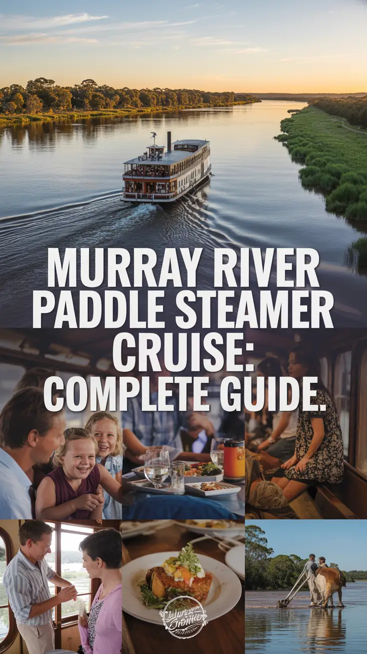 A vibrant lifestyle advertisement showcasing a Murray River Paddle Steamer Cruise at sunset, with a classic steamer gliding on the river. The layout includes joyful families on deck, gourmet dining, and native wildlife, all highlighted in golden-hour lighting. Alt Tag: Murray River Paddle Steamer Cruise at sunset with families, fine dining, and native wildlife in a warm, inviting setting.