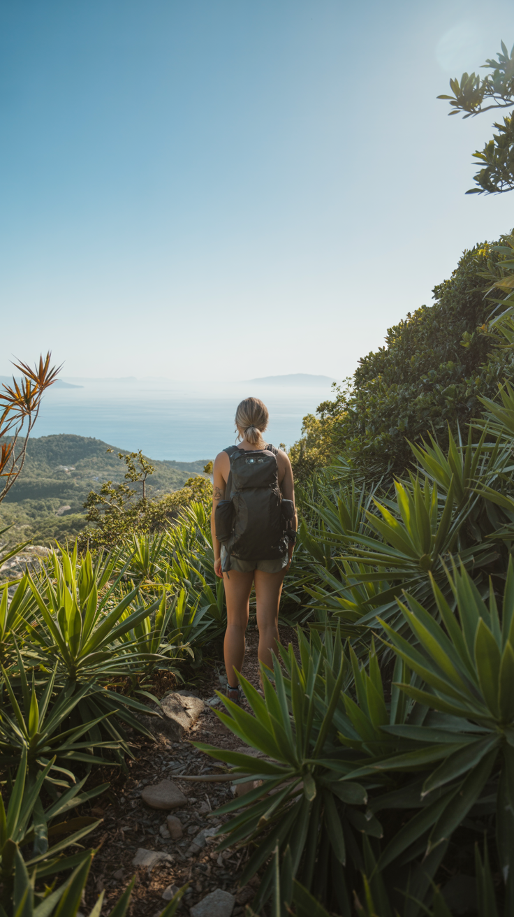 A hiker stands on a lush trail at Sage Mountain under bright sunlight, surrounded by dense green foliage and views of the distant sea.