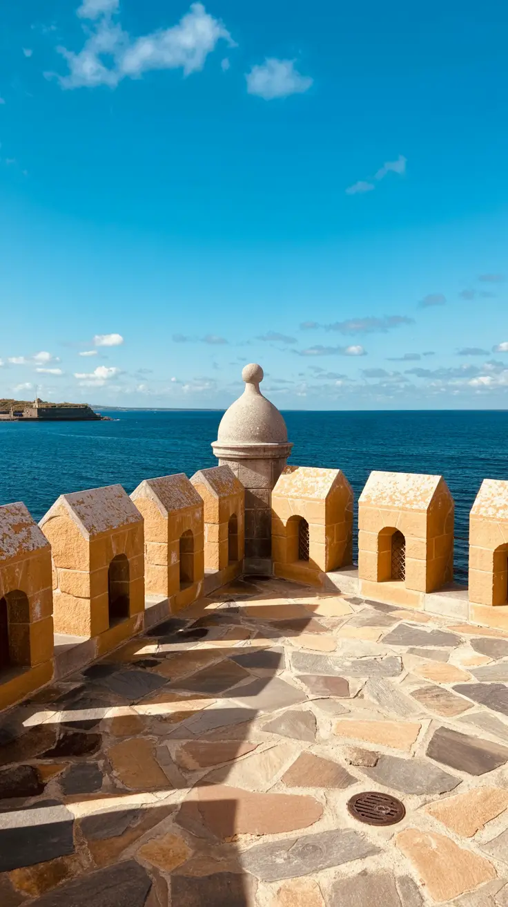 A bright, sunny day at Fort Frederik with golden stone walls and the deep blue sea stretching into the distance.