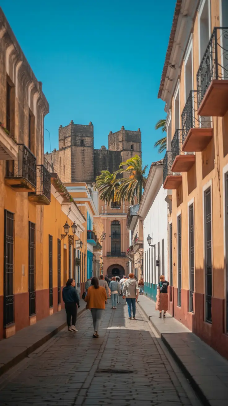 Sunlit cobblestone street lined with colonial buildings and palm trees leads to a historic cathedral under a vivid blue sky.