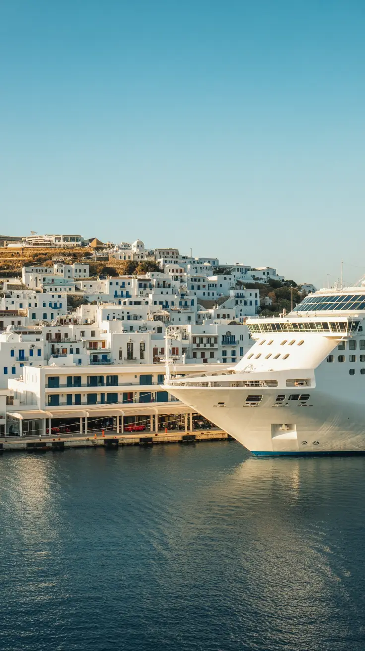 A sunlit view of the Mykonos cruise port, featuring a large white cruise ship docked next to a modern, low-rise terminal, with traditional whitewashed Cycladic houses climbing a hillside beneath a clear blue sky.