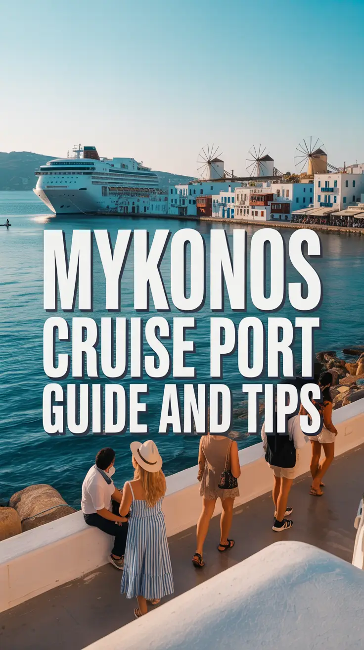 A vibrant lifestyle scene of Mykonos Cruise Port with cruise ships, iconic windmills, white-washed buildings, and stylish tourists bathed in golden hour light, evoking relaxed luxury and wanderlust.