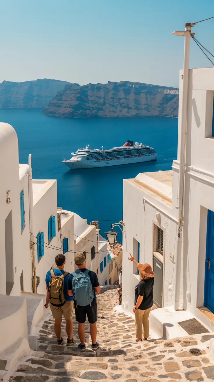 A narrow cobblestone alley winds through whitewashed buildings with blue shutters, glowing under the golden afternoon sun. In the foreground, a pair of travelers with backpacks pause beside a local guide gesturing toward the distant harbor. Far below, a sleek cruise ship is anchored just offshore in the sparkling turquoise Aegean Sea.