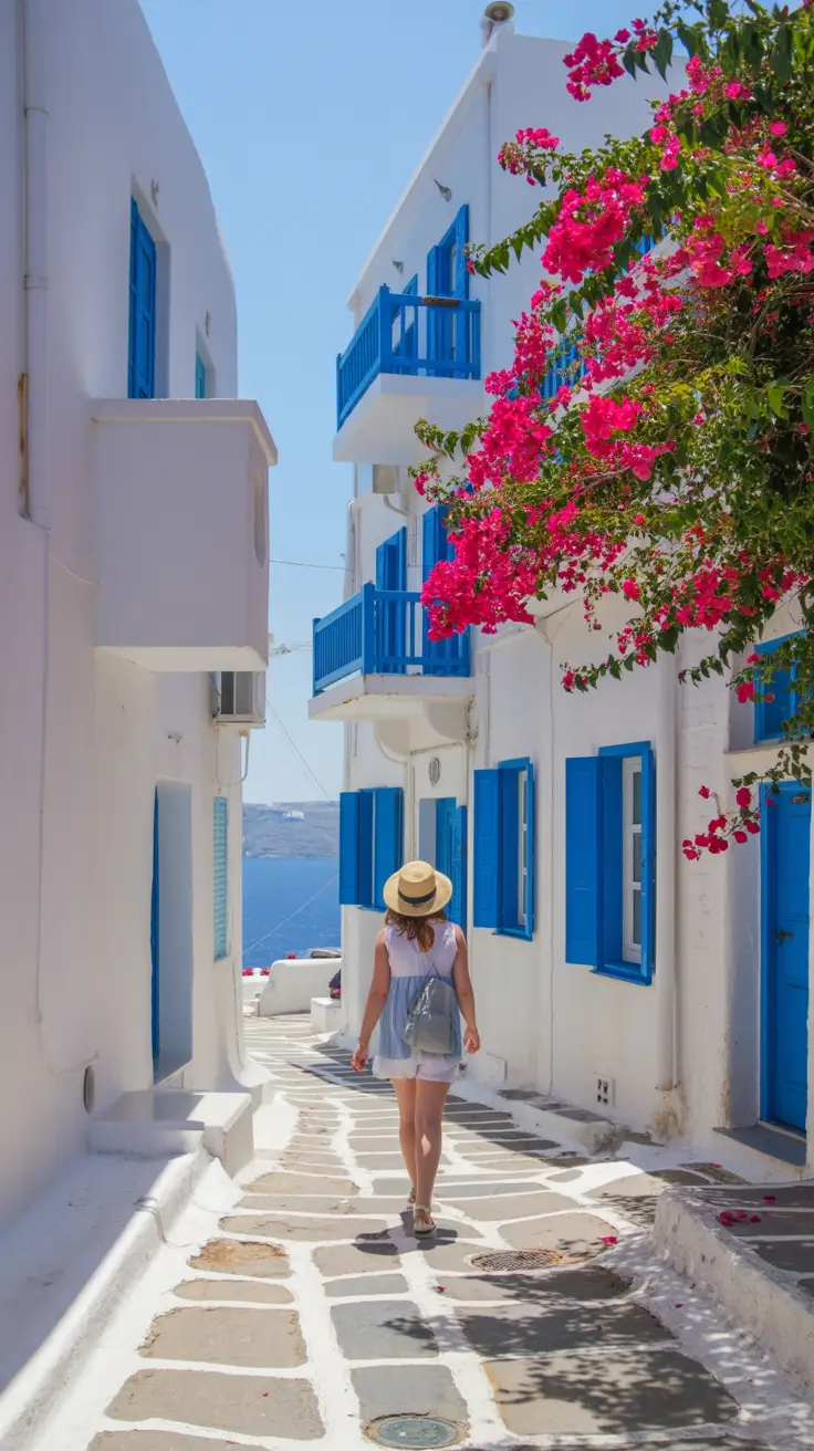 A narrow, sunlit alleyway in Mykonos Town paved with smooth, whitewashed stones, lined by traditional white Cycladic buildings featuring bright blue shutters and balconies overflowing with vibrant pink bougainvillea, as a cruise passenger in a straw hat and light summer attire walks leisurely, casting a soft shadow; the distant Aegean Sea glimmers through the winding street in the background.
