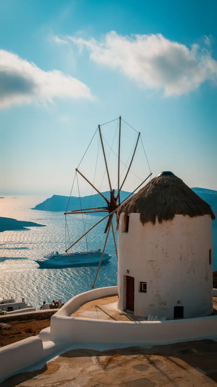 A whitewashed windmill with a thatched roof stands atop a sunlit hill overlooking the Aegean Sea, its blades still in the gentle breeze. Below, a cruise ship glides through sparkling blue waters, casting a long reflection. Wispy clouds drift across a vibrant blue sky, hinting at the mild spring weather in Mykonos.