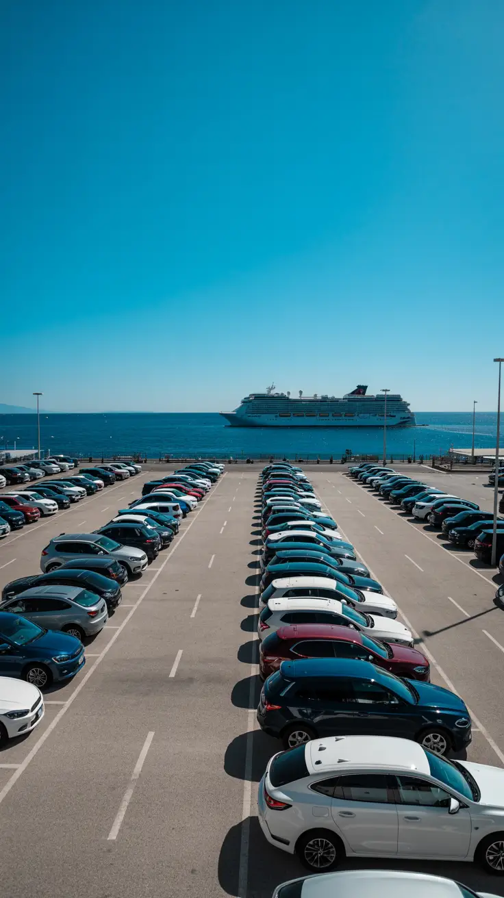 A bright sunny day casts crisp shadows over a clean, modern parking lot near Naples Cruise Port, with neatly lined cars and the deep blue sea visible in the background. A cruise ship gleams in the distance under a clear blue sky.