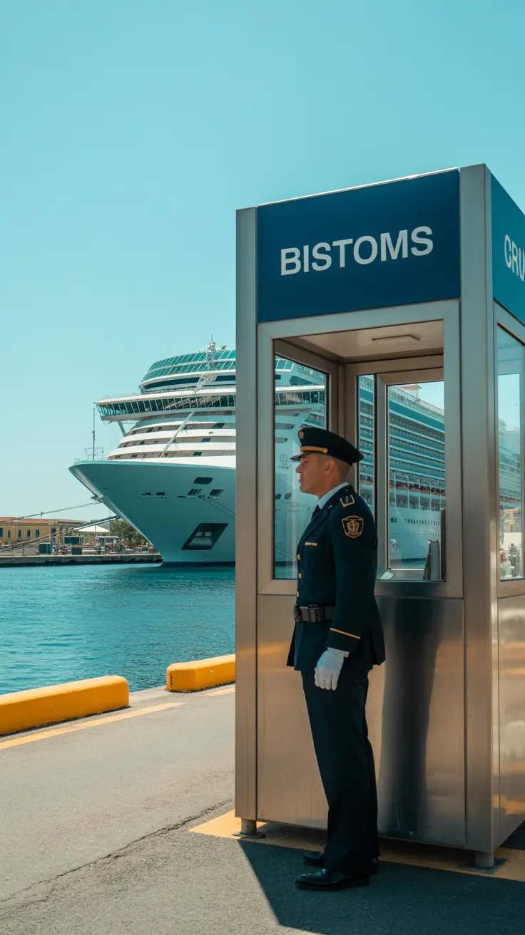 A bright, sunny day at Naples Cruise Port featuring a uniformed customs officer standing beside a modern security checkpoint, with a sparkling blue sea and a docked cruise ship in the background.