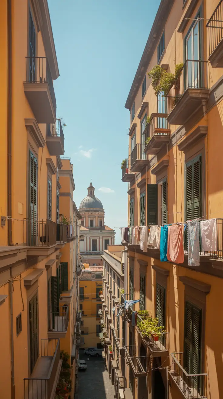 A sunlit alley in Naples' historic center featuring warm golden facades, laundry fluttering between balconies, and a domed church visible in the distance under a clear blue sky.