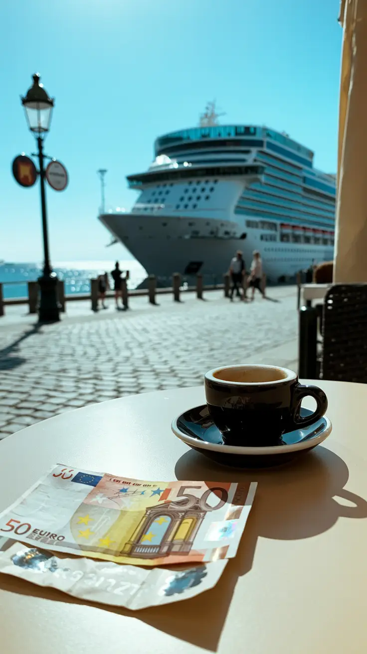 A crisp euro note rests on a café table beside a small espresso cup, sunlit cobblestones and a cruise ship glimmering in the background on a bright, clear day.
