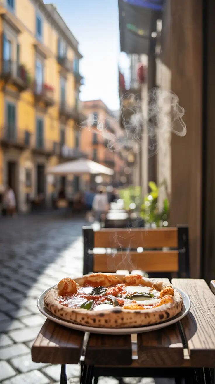 A golden wood-fired pizza rests on a rustic table outside a small pizzeria, steam rising gently into the bright, sunlit air; in the background, narrow cobblestone streets glow under the clear Naples sky.