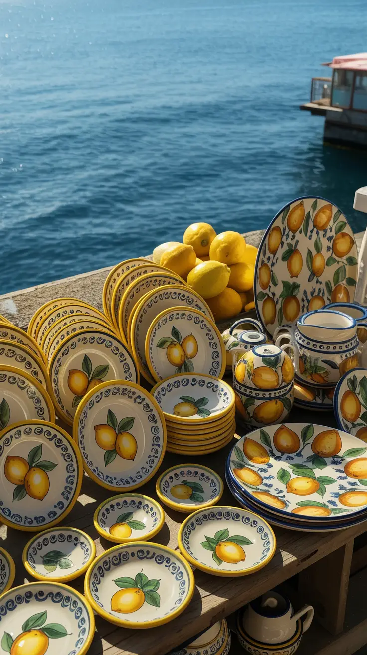 A sunlit stall near Naples Port glows with colorful ceramic plates and lemon-themed souvenirs, their glossy surfaces catching the mid-morning light against a backdrop of deep blue sea.