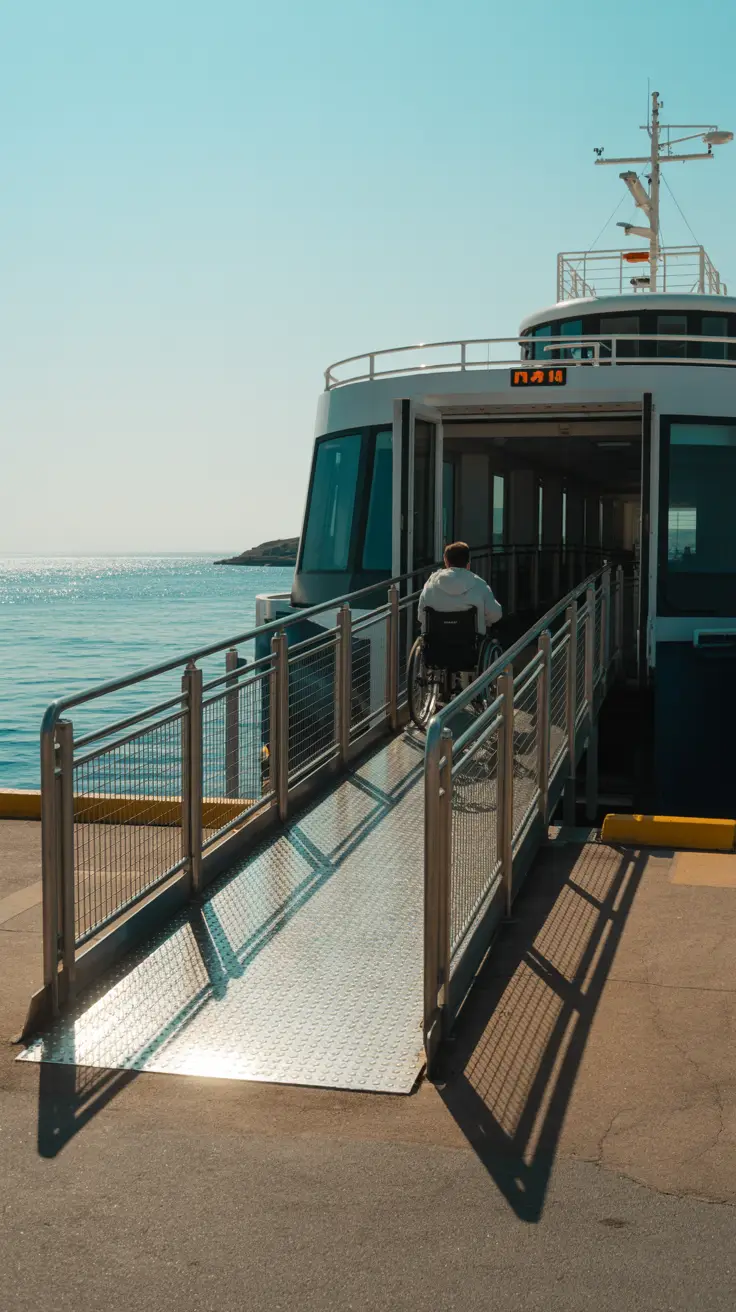 A sleek metal ramp glistens under the bright sun, leading smoothly from the port walkway to a ferry entrance; a wheelchair user rolls forward with ease, the calm blue sea shimmering in the background.