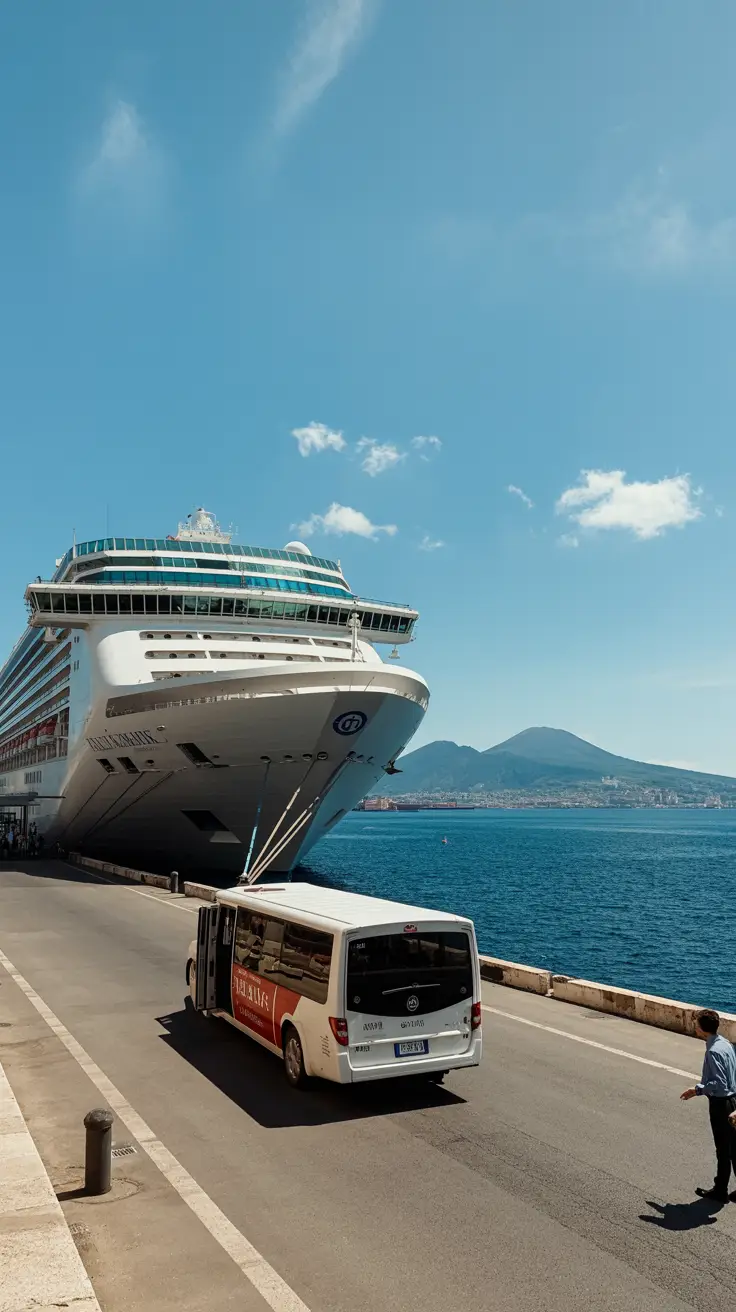 A bright sunny day at Naples port — a sleek white cruise ship docked beside the pier, with passengers stepping onto a shuttle bus, Mount Vesuvius faintly in the background under a clear blue sky.