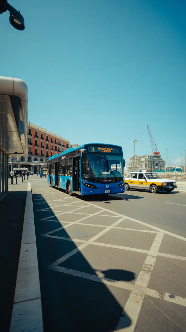 A bright, sunny day at Naples port: a sleek blue city bus idles near the curb, a yellow-and-white taxi pulls away, and a metro entrance casts a shadow on the sunlit pavement; crisp details and vivid colors captured with a high-end camera.