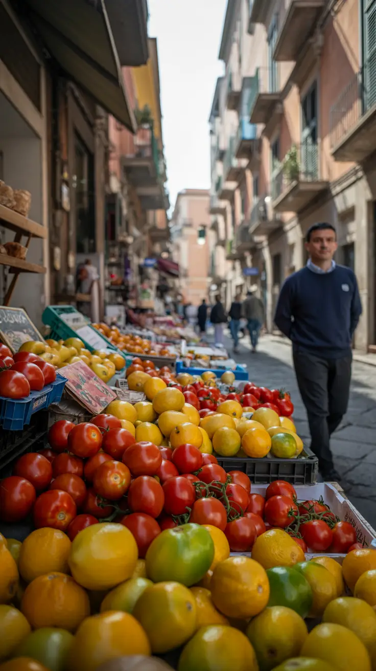 A sunlit stall on a narrow Naples street, bursting with glossy red tomatoes and vibrant lemons, their colors glowing in the warm afternoon light.