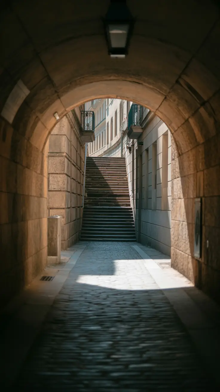 A narrow stone tunnel winds into deep shadows beneath the city, its cool, dim interior contrasting with the warm sunlight filtering through a street grate above.