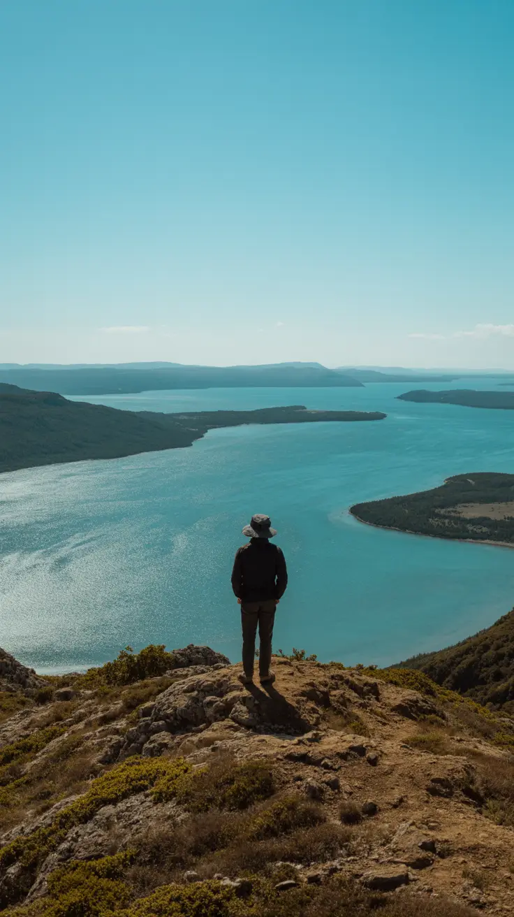 A lone hiker stands near the top of Spy Glass Hill, overlooking a sparkling turquoise bay under a clear blue sky.