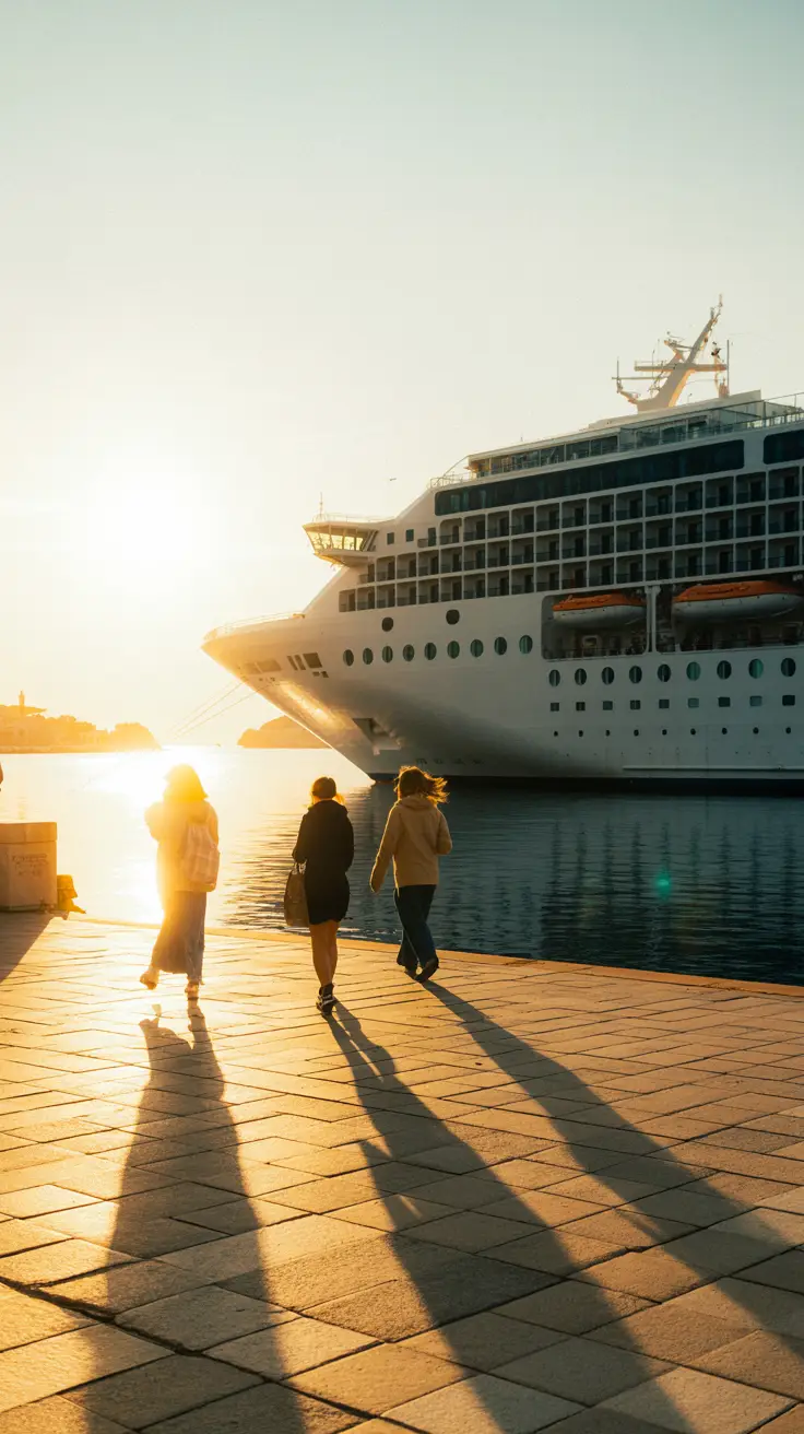 Early morning sunlight illuminates Dubrovnik’s cruise port, with a large cruise ship in the background and a few people casting long shadows as they stroll along the quiet dock.