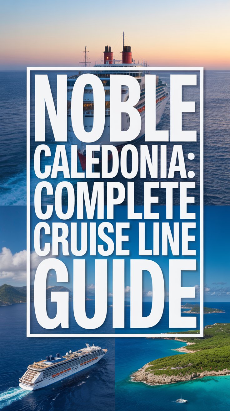 A vibrant travel magazine cover featuring bold white text reading "Noble Caledonia: Complete Cruise Line Guide" set in a large rectangular box at the top center. Below, a colorful collage shows luxury cruise ships cruising through turquoise waters and scenic coastlines of the Mediterranean and Caribbean under a backdrop of ocean blues and sunset oranges, creating a dreamy, wanderlust feel. Alt Tag: Travel magazine cover with bold title “Noble Caledonia: Complete Cruise Line Guide” and collage of luxury cruise ships in Mediterranean and Caribbean settings with ocean and sunset hues.
