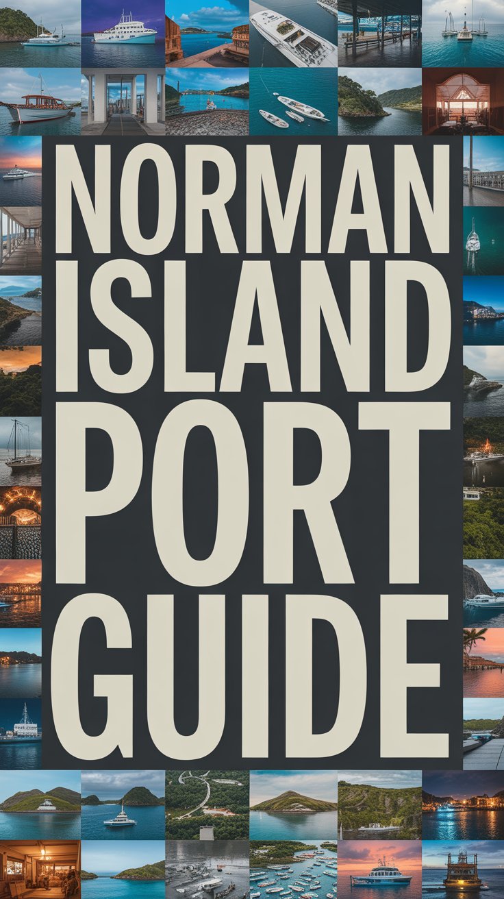 Big text overlay: Norman Island Cruise Guide. It's designed to immediately grab attention with its thick, distinctive lettering set prominently in a big box, utilizing a simple yet striking bold white color for maximum visibility. Surrounding this eye-catching typography, a collage of vibrant images. No other text.