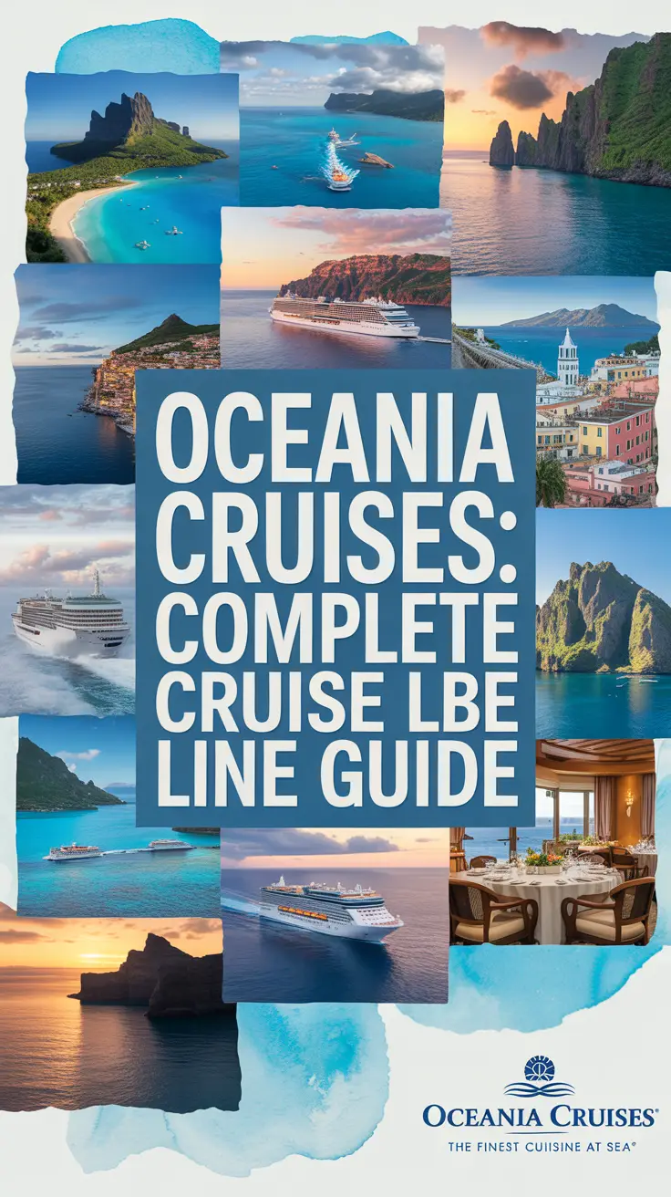 A vibrant lifestyle advertisement for Oceania Cruises featuring a central text box with "Oceania Cruises: Complete Cruise Line Guide" surrounded by a collage of stunning destinations like Bora Bora, the Amalfi Coast, and onboard fine dining, with warm sunlight and elegant watercolor accents. Alt Tag: Elegant Oceania Cruises ad with central bold title surrounded by visuals of Bora Bora, Amalfi Coast, shipboard fine dining, and watercolor textures conveying luxury travel.