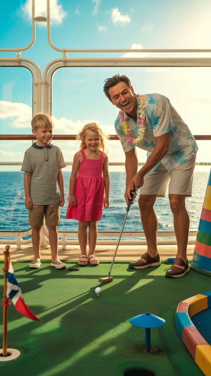 A vibrant, sun-drenched photograph captures a joyful scene of "Dad and Kids Mini Golf Cruise" on the deck of a luxurious cruise ship. A smiling father, wearing a Hawaiian shirt and khaki shorts, enthusiastically guides a putter while his two children—a young boy in a striped shirt and a girl in a bright pink dress—watch with anticipation. The bright sunlight reflects off the turquoise ocean visible in the background, and the miniature golf course is playfully decorated with nautical flags and colorful obstacles. Warm, diffused lighting highlights the happy expressions on their faces, creating a carefree and memorable vacation moment.