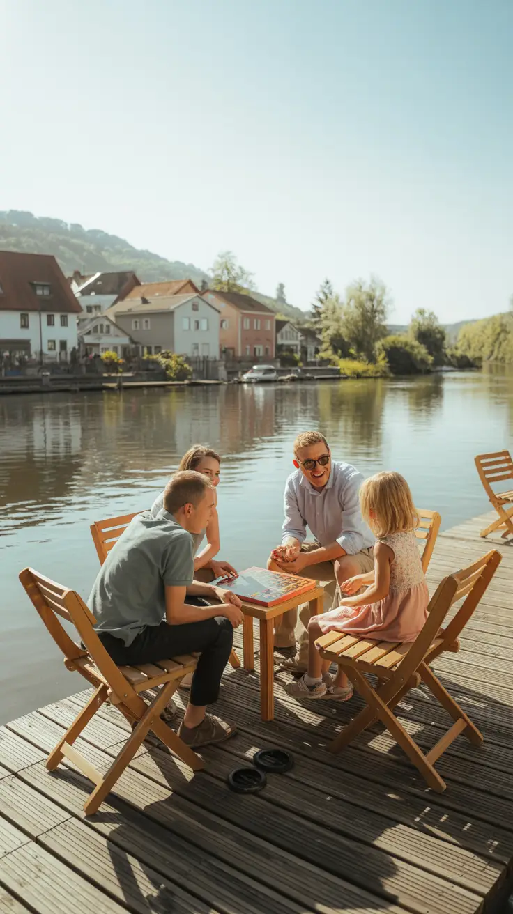 A family enjoys a sunny day playing a board game on a small riverside deck, with calm water and a quaint village in the background.