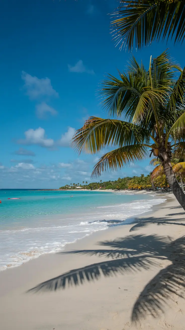 A pristine Punta Cana beach on a sunny day with turquoise waves, soft white sand, and palm trees casting gentle shadows.