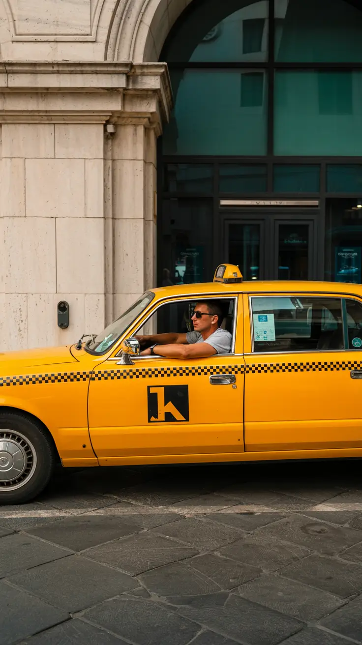 A bright yellow taxi gleams beside the shaded stone of the Livorno cruise terminal as the driver leans casually on the open door under the midday sun.