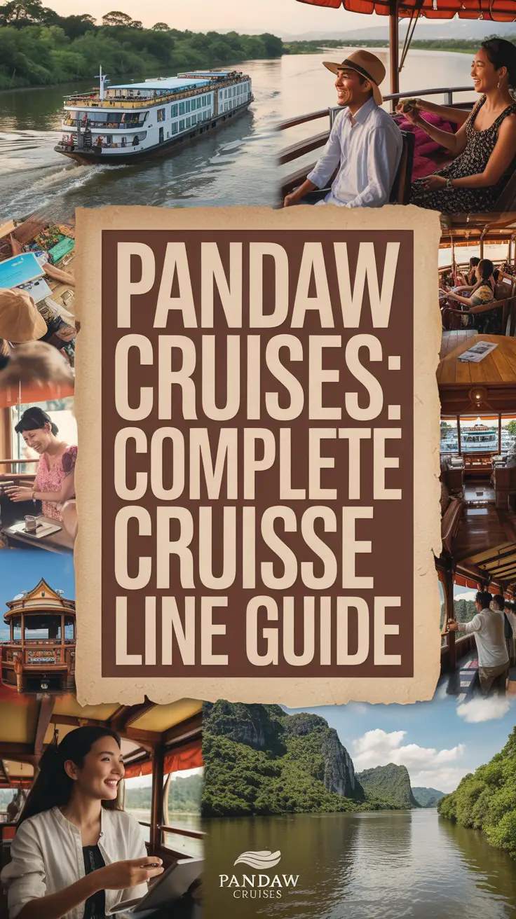 A vibrant lifestyle advertisement for Pandaw Cruises featuring a collage of river cruise scenes on the Mekong and Irrawaddy rivers, with smiling passengers, lush landscapes, and cultural destinations. The central focus is a bold title box reading "Pandaw Cruises: Complete Cruise Line Guide" against a warm, natural background with a vintage parchment overlay, evoking relaxed adventure and historical exploration. Alt Tag: Collage of river cruising scenes with smiling passengers, exotic landscapes, and Pandaw Cruises title box, evoking relaxed adventure and cultural discovery.