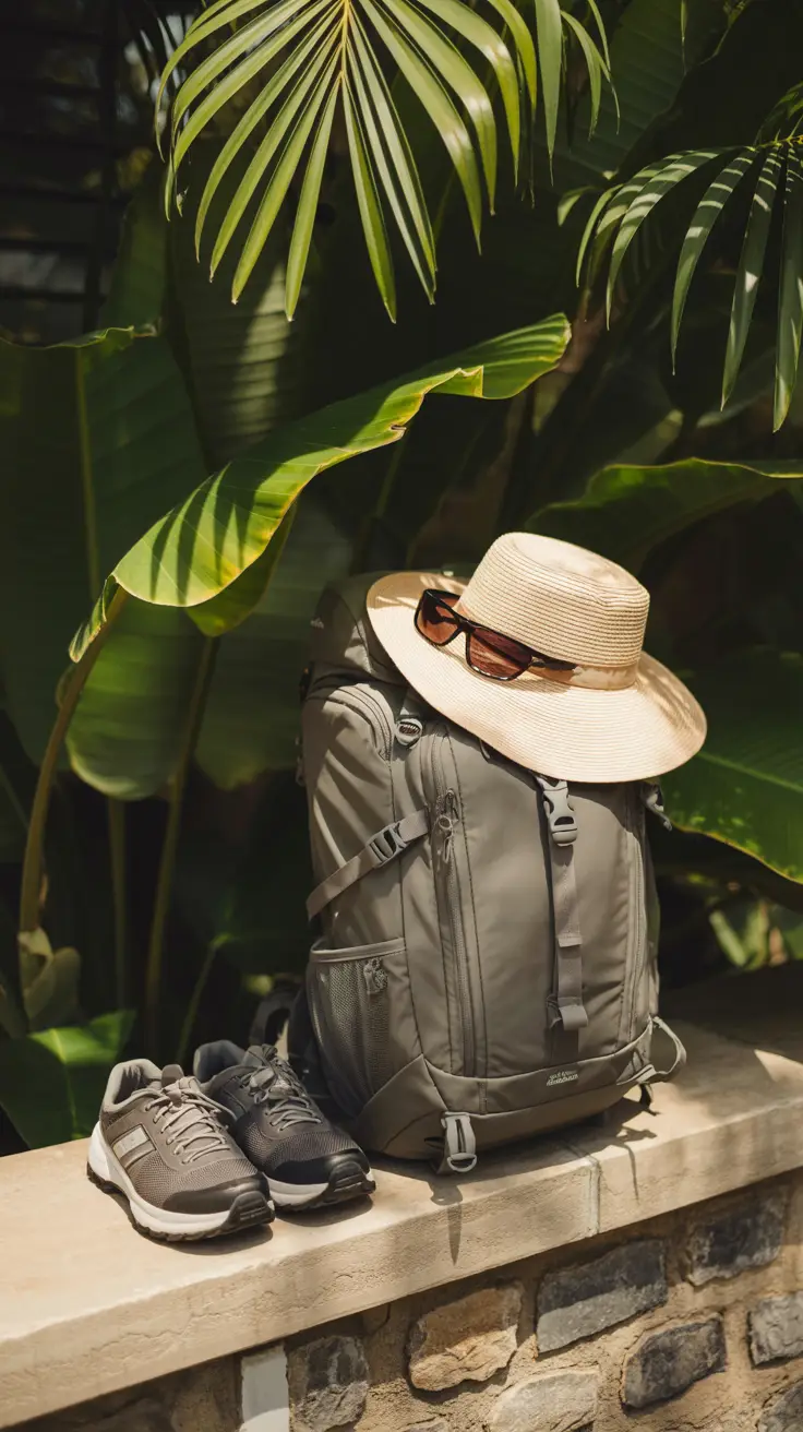 A high-end photo of a neatly packed daypack on a shaded stone ledge with a wide-brimmed hat, sunglasses, and sturdy walking shoes, surrounded by glowing tropical foliage.