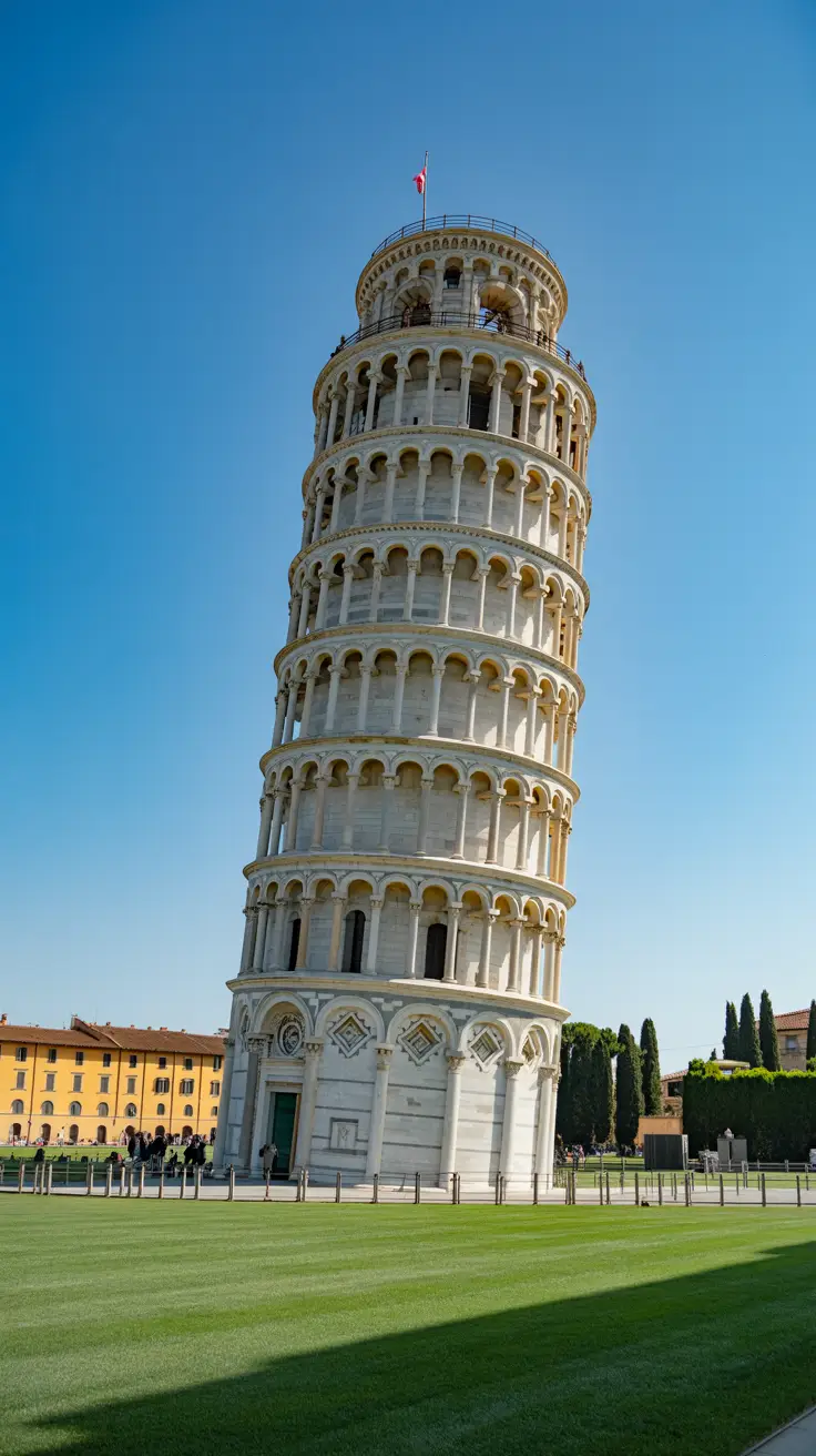 A bright, sunlit view of the Leaning Tower of Pisa rising against a clear blue sky, its iconic tilt perfectly captured in sharp detail. Marble gleams under the afternoon sun, with crisp shadows on the manicured grass.