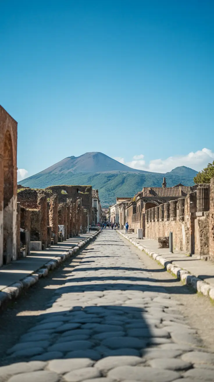 A bright, sunlit view of Pompeii’s ancient stone street, lined with weathered ruins and Mount Vesuvius standing quietly in the clear blue sky beyond.