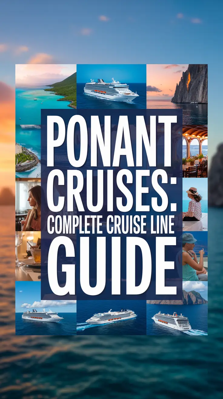 A vibrant travel advertisement featuring a bold white box with the title "Ponant Cruises: Complete Cruise Line Guide," surrounded by images of luxury cruise ships, exotic destinations like the Caribbean and Norwegian Fjords, and passengers enjoying amenities, set against a blurred ocean and sunset background. Alt Tag: Advertisement poster for Ponant Cruises highlighting luxury ships, exotic destinations, onboard experiences, and a bold central title against an ocean sunset backdrop.