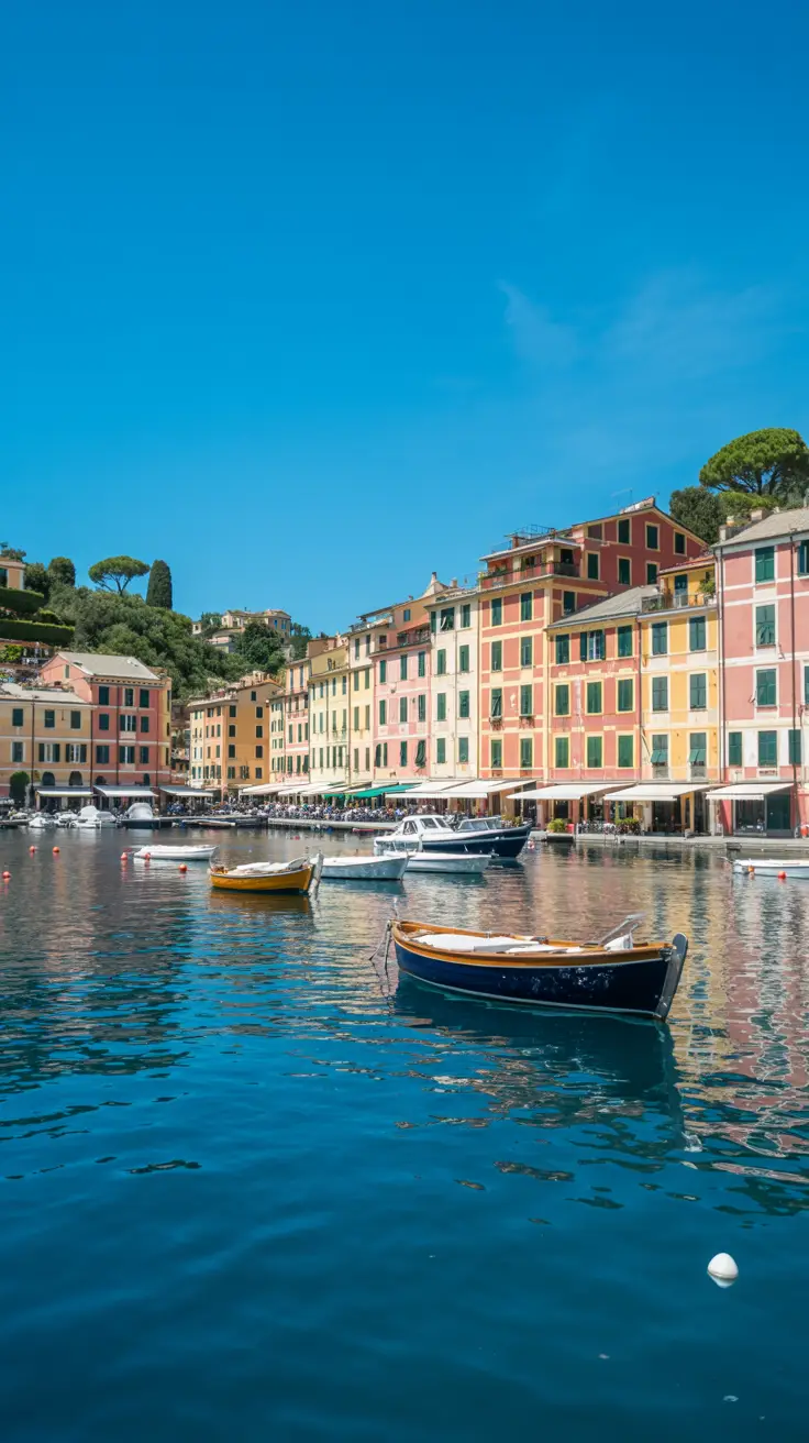A bright, sunny day in Portofino: colorful buildings line the quiet harbor, their reflections shimmering in the clear blue water, as a single boat drifts near the edge.