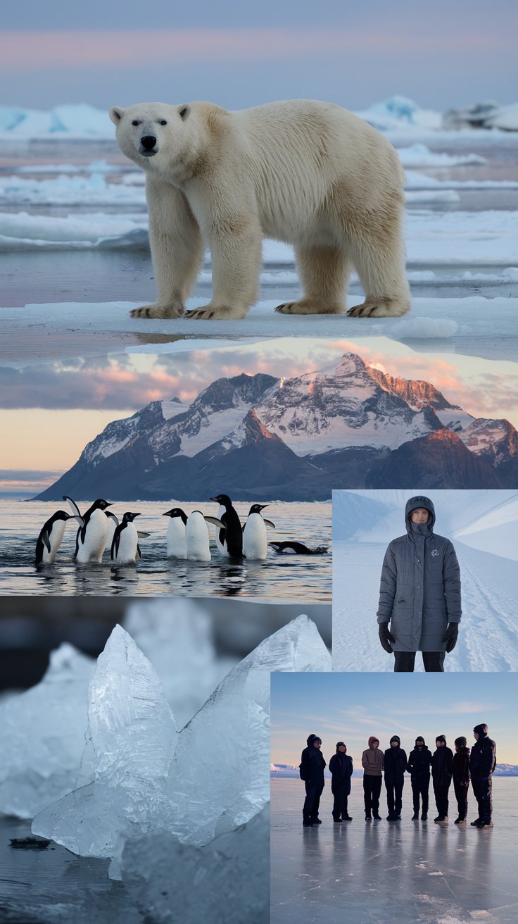 A photo collage of a polar bear standing on ice, a group of penguins in the water, a majestic mountain range, a close-up shot of ice crystals, a person wearing a coat and gloves, and a group of people standing on ice. The background is a vast, icy landscape.