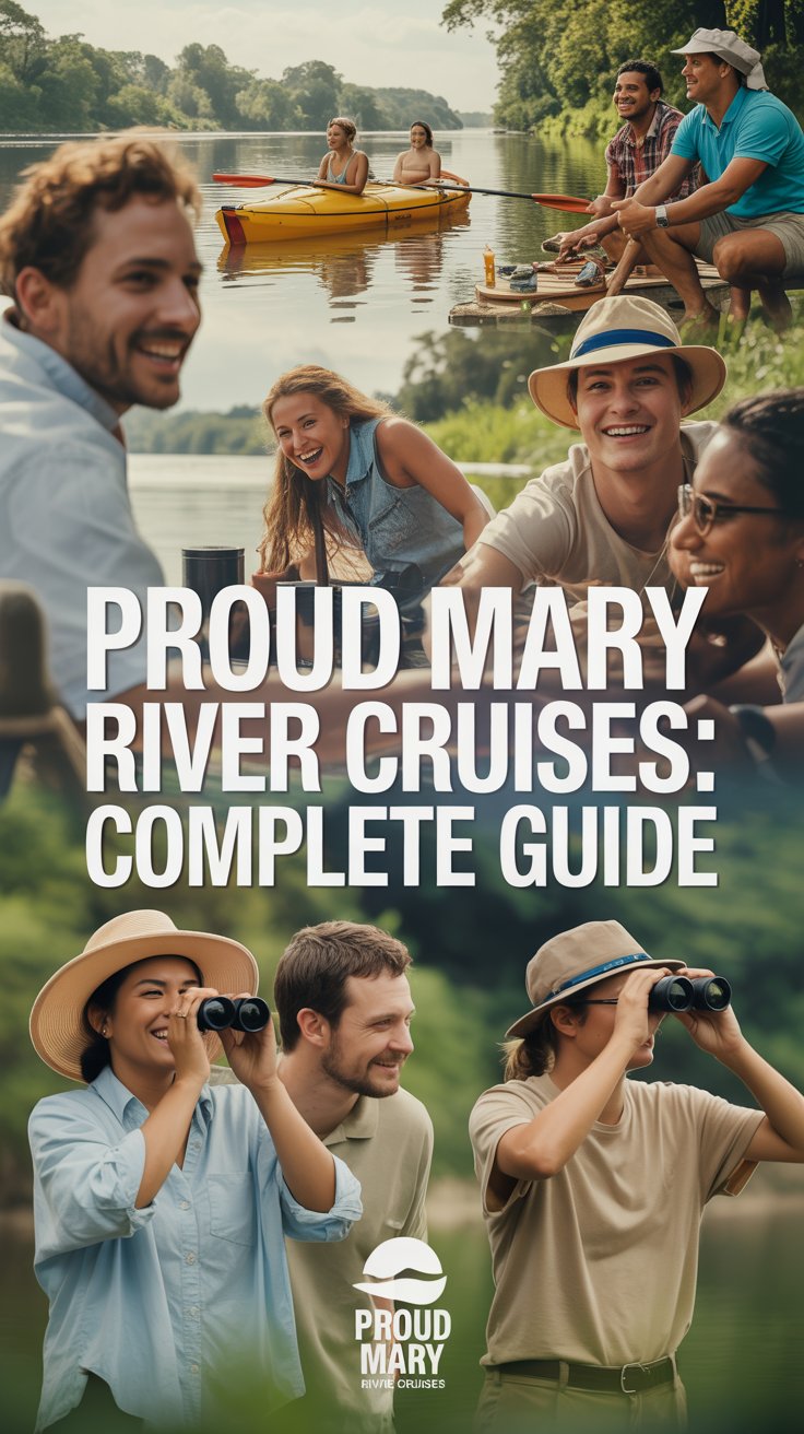 A vibrant, eye-catching lifestyle advertisement for Proud Mary River Cruises showcasing a diverse group of smiling people experiencing various riverside activities – kayaking, picnicking on the bank, and observing local wildlife through binoculars. The composition is a dynamic collage of these moments, seamlessly blended with a soft, golden-hour lighting scheme and a lush, green color palette evoking a sense of adventure and relaxation. Overlaid on this scene, in a large, bold white box, is the text "Proud Mary River Cruises: Complete Guide," ensuring immediate visibility and conveying a sense of comprehensive information, while a subtle watermark of the Proud Mary logo is placed discreetly in the bottom corner to reinforce brand recognition. The overall aesthetic is warm, inviting, and suggests an immersive, enriching experience, perfect for attracting travelers seeking a unique river adventure.