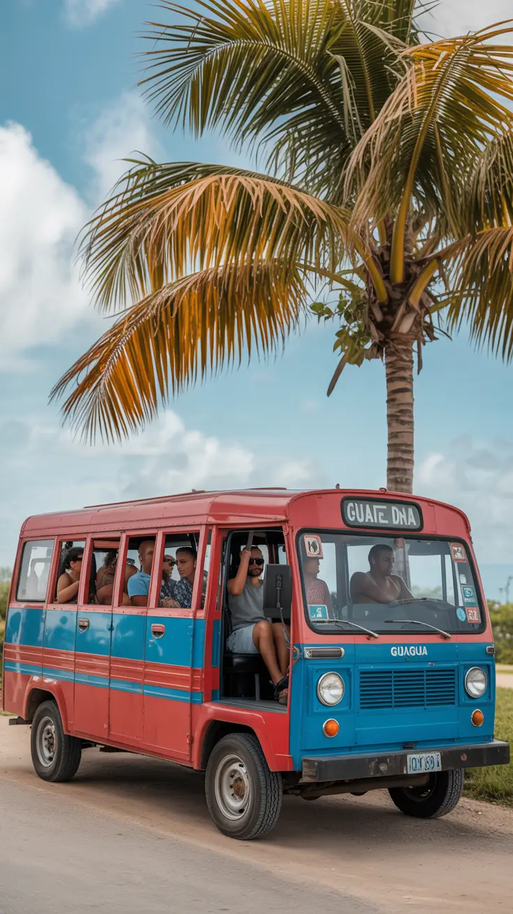 A brightly painted guagua idles on a sunlit roadside in Punta Cana, with open windows showing passengers fanning themselves in the tropical heat near a dusty palm tree.