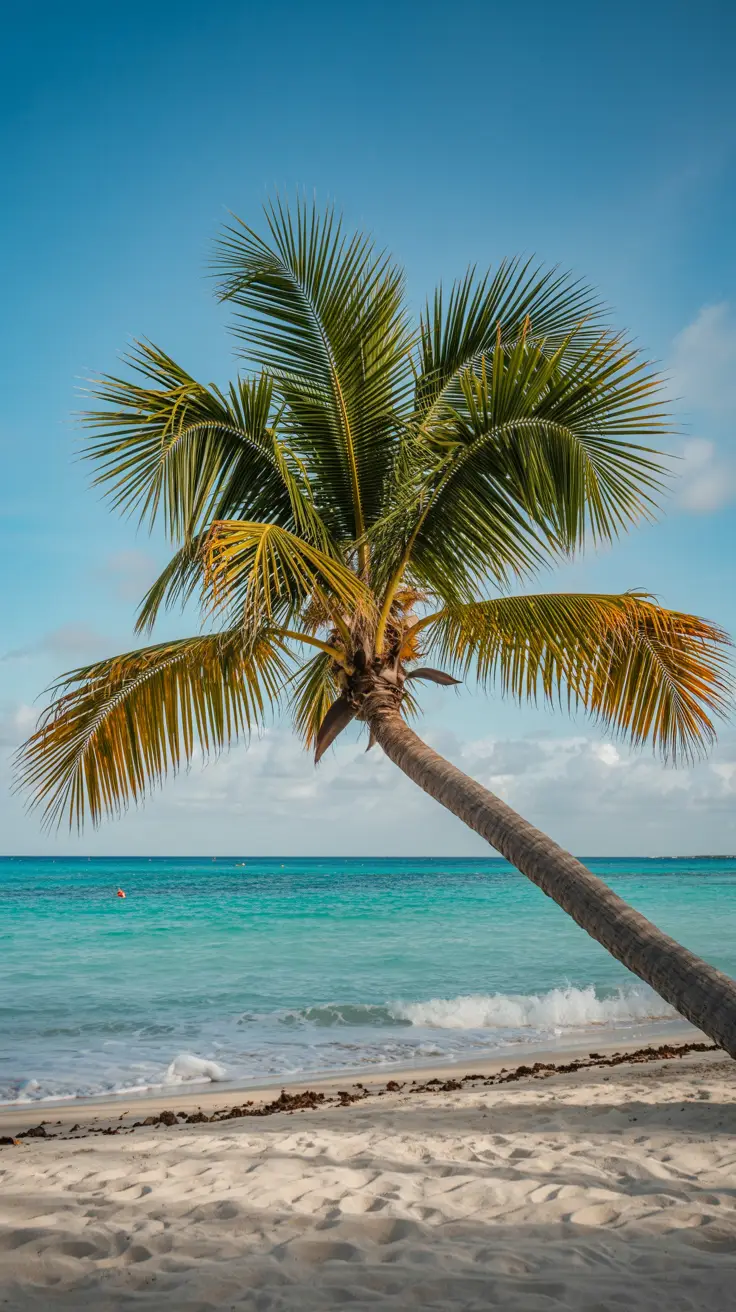 A bright, sunny day casts golden light over the turquoise waters of Cap Cana; a lone palm tree leans over powdery white sand, its shadow stretching toward gentle waves.