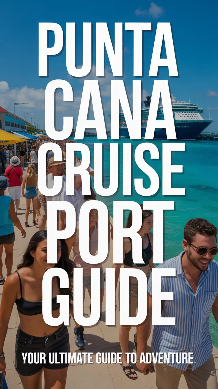 A vibrant lifestyle scene of diverse tourists enjoying Punta Cana Cruise Port with turquoise waters, a modern cruise ship, and sunlit attractions in the Caribbean.
