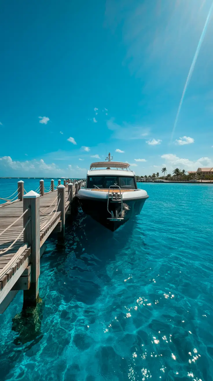 A bright sunny day at Punta Cana's tender port, featuring a small cruise tender boat gently approaching a wooden dock over sparkling turquoise water.