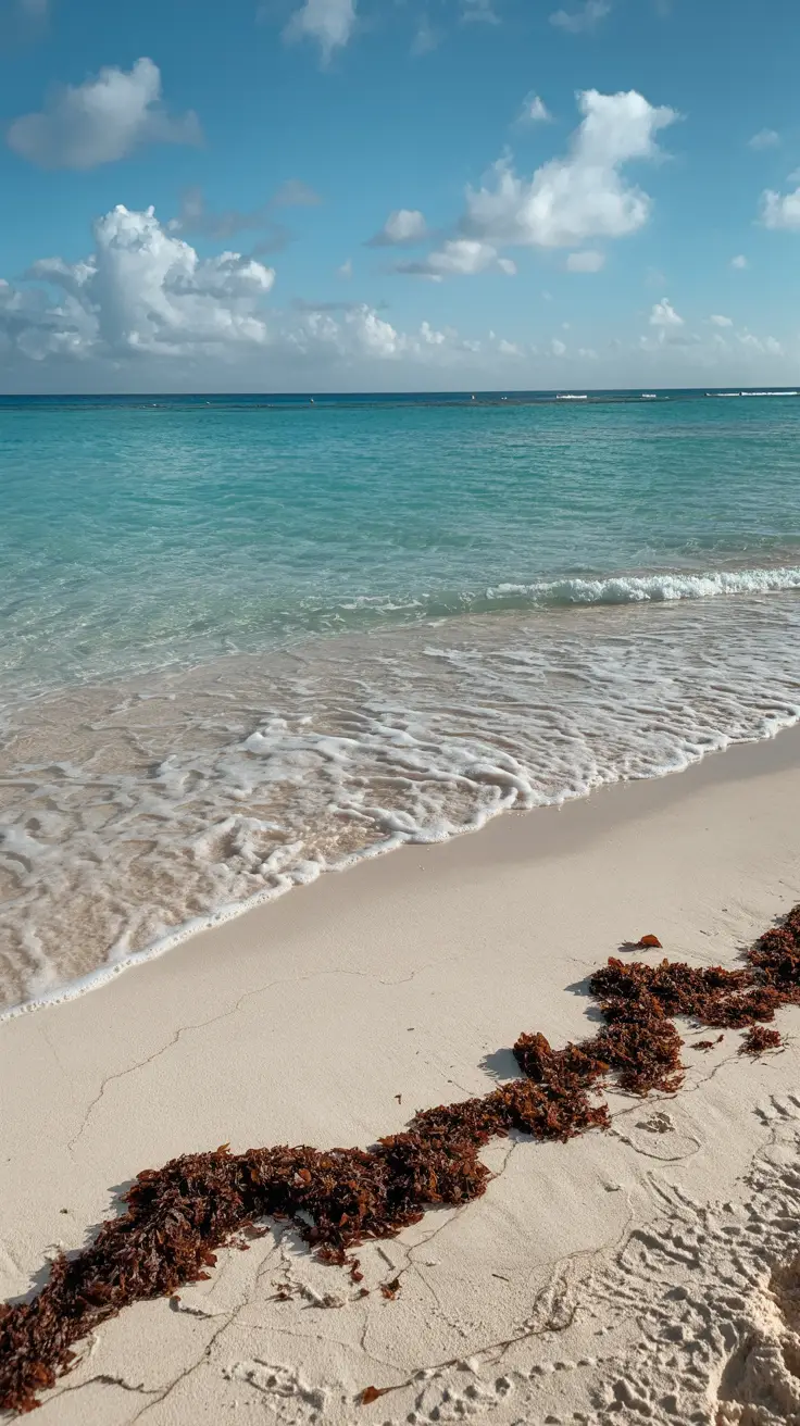A bright, sunny day on a Punta Cana beach with crystal-clear turquoise water gently lapping the shore; a small patch of seaweed rests near the waterline on soft, white sand.