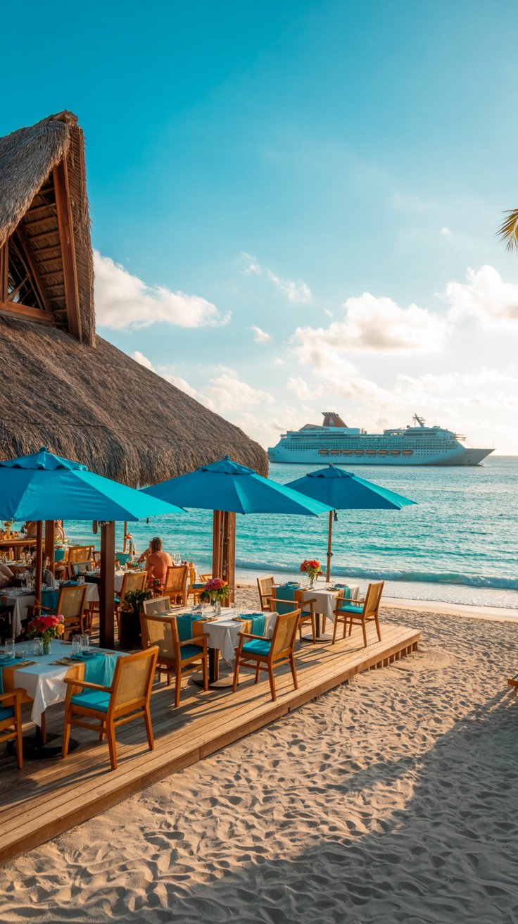 A photograph of a charming beachfront restaurant in Punta Cana, featuring a thatched roof and vibrant turquoise umbrellas. The restaurant’s wooden deck extends towards the pristine white sand beach, where several tables are set with linen tablecloths and colorful floral arrangements. In the distant background, a large cruise ship glides across the turquoise ocean under a bright sunny sky, its white hull contrasting with the blue water. Warm, golden sunlight bathes the scene, creating a relaxed and inviting atmosphere.