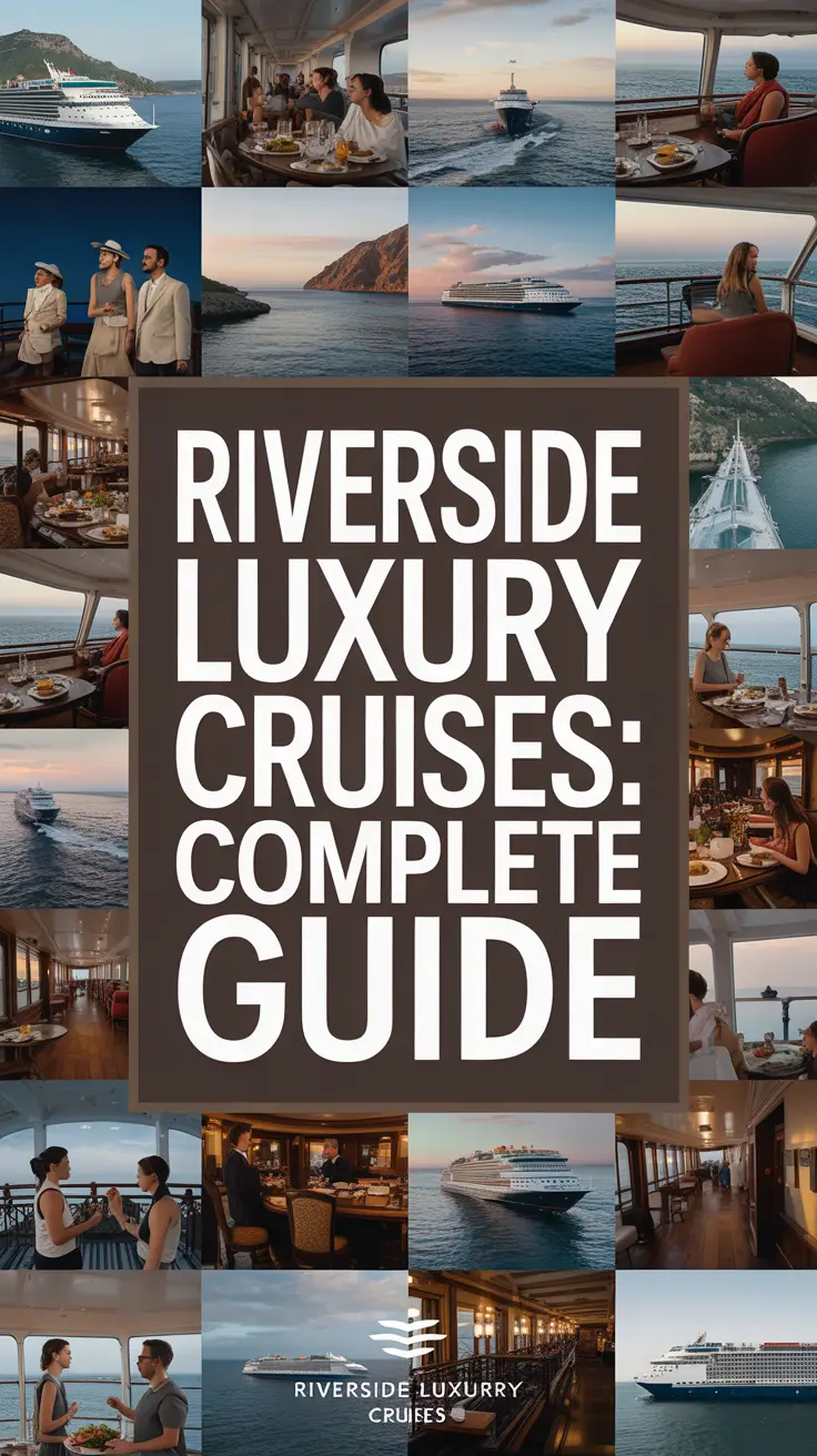 A captivating lifestyle advertisement for Riverside Luxury Cruises featuring a collage of luxurious cruise interiors, scenic coastal views, and elegantly dressed guests enjoying fine dining and onboard activities. Central bold white text reads “Riverside Luxury Cruises: Complete Guide,” framed by refined, modern design elements that evoke exclusivity and sophistication. Alt Tag: Luxury cruise lifestyle collage with elegant interiors, scenic coastal views, and guests enjoying gourmet experiences; central bold text reads “Riverside Luxury Cruises: Complete Guide.”